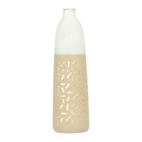 14&#x22; Cream Stoneware Vase with Gold Pattern